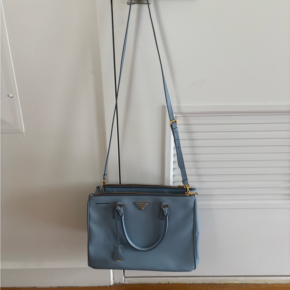 Prada Saffiano Large Double Zip Tote in Powder Blue (“Astrale”) Gold Hardware